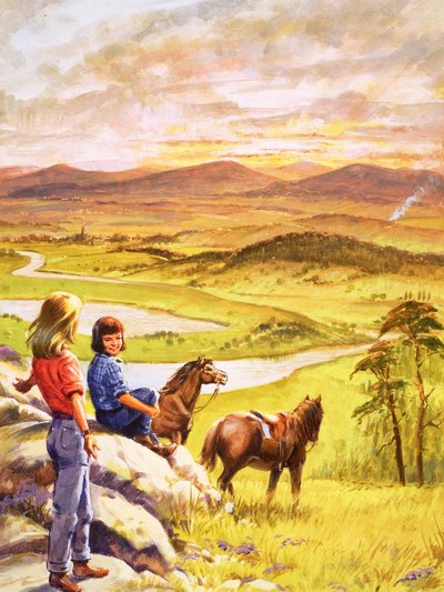 Mädchen und Ponys blicken über die Landschaft von English School
