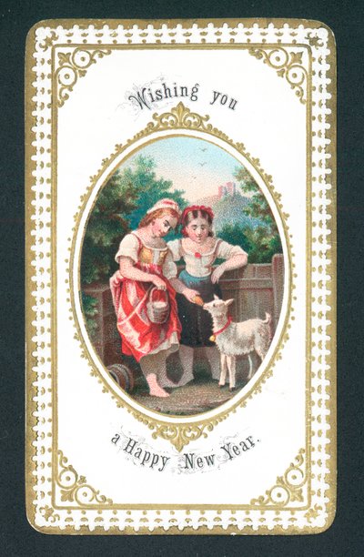 Mädchen füttern Ziege, Neujahrskarte von English School