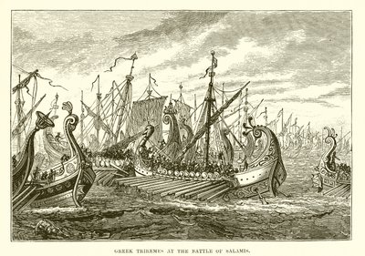Griechische Trieren in der Schlacht von Salamis von English School