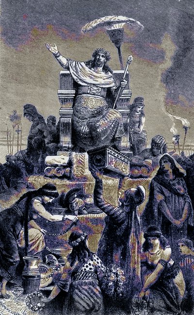 Griechische Dekadenz - Krösus auf dem Scheiterhaufen, Illustration aus Die Illustrierte Geschichte der Welt, veröffentlicht um 1880 von English School