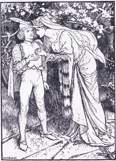 Guenevere schickt ihren Pagen zu Lancelot um Hilfe, Illustration aus 