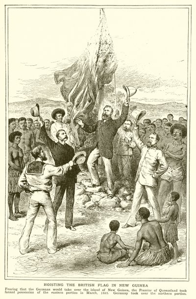 H. M. Chester, Magistrat von Queensland beim Hissen der britischen Flagge in Neuguinea, März 1883 von English School