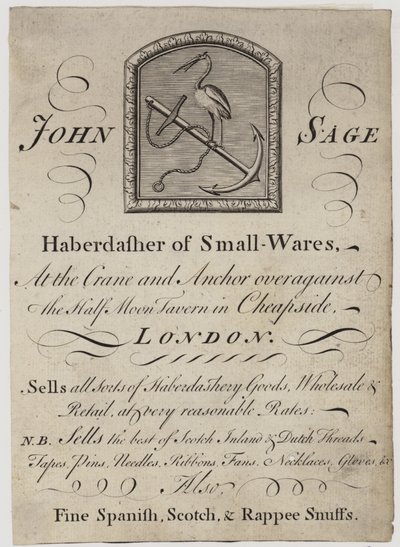 Kurzwarenhändler, John Sage, Visitenkarte von English School