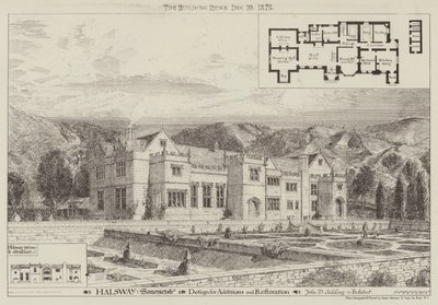 Halsway, Somersetshire, Entwurf für Ergänzungen und Restaurierung von English School