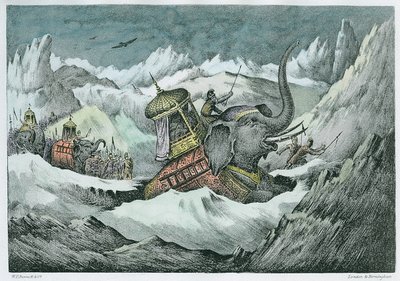 Hannibal (247-ca.183 v. Chr.) und seine Kriegselefanten überqueren die Alpen (spätere Kolorierung) von English School