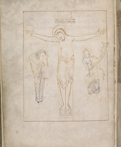 Die Kreuzigung; mit der Jungfrau und St. Johannes, der sein Zeugnis auf eine Schriftrolle schreibt, aus dem Ramsey Psalter, ca. 900-1000 von English School