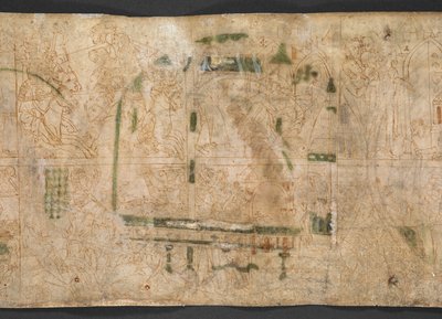 Harley Roll Y 6, Rundel 16v, Auf der Rückseite der Rundels 14-18 befinden sich eine Reihe von Zeichnungen aus dem 14. Jahrhundert, in zwei Registern, mit Szenen aus dem Buch I Samuel, Kapitel 1-4, aus dem 