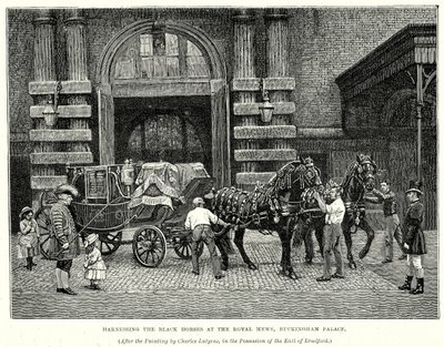 Anspannen der schwarzen Pferde in den königlichen Stallungen, Buckingham Palace (Gravur) von English School