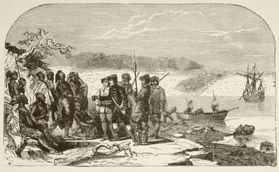 Henry Hudson bietet den Indianern 1609 Alkohol an von English School