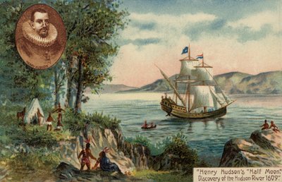Henry Hudsons Schiff Half Moon entdeckt den Hudson River, Nordamerika von English School