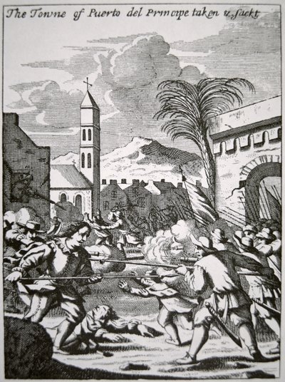 Henry Morgan erobert und plündert die Stadt Puerto de Principe, Kuba, 1668, Illustration aus 