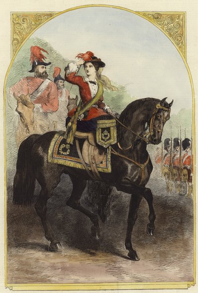 Ihre Majestät in ihrem neuen Militärkostüm im Lager von English School