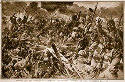 Vermummte britische Territorialtruppen stürmen die deutschen Schützengräben bei Loos, 25. September 1915, 1914-19 von English School
