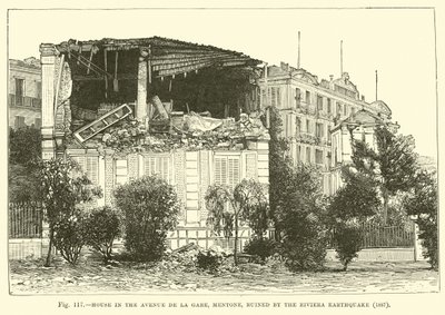 Haus in der Avenue de la Gare, Mentone, zerstört durch das Riviera-Erdbeben, 1887 von English School