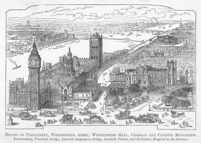 Houses of Parliament, Westminster Abbey, Westminster Hall, Krim- und Canning-Denkmäler (Gravur) von English School