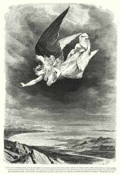 Ich sah einen anderen Engel fliegen mitten durch den Himmel, Offenbarung XIV, 6, 7 (Gravur) von English School