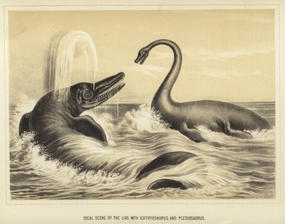 Ideale Szene des Lias mit Ichthyosaurus und Plesiosaurus von English School