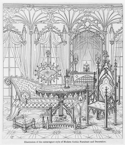 Illustration des extravaganten Stils der modernen gotischen Möbel und Dekoration, aus Wahre Prinzipien der spitzen oder christlichen Architektur, von Augustus Welby Pugin (1812-52) von English School