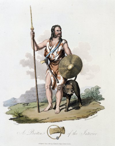 Bewohner der Britischen Inseln und sein Hund - in „Celts and Goths, customs of the inhabitants of the British Isles of the early 6th century and of the Goth nations of the west coast of the Baltic“ von English School