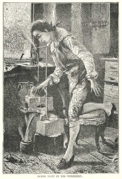 James Watt in seiner Werkstatt von English School