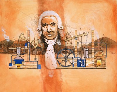 James Watt mit Brennöfen und mechanischen Pumpen im Hintergrund von English School