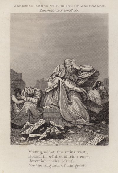 Jeremia unter den Ruinen Jerusalems, Klagelieder I, Vers 12 von English School