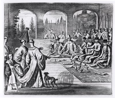 Jesuiten mit niederländischen und portugiesischen Kaufleuten am Hof des japanischen Kaisers, Illustration aus A Memorable Embassy to the Emperor of Japan von Arnold Montanus, veröffentlicht in London 1670 von English School