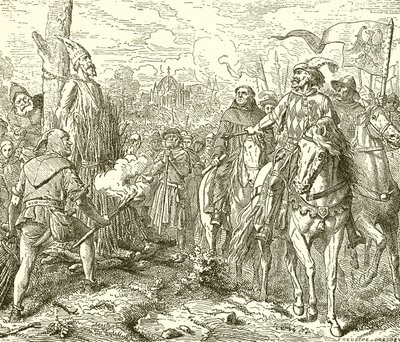 Johannes Hus am Scheiterhaufen, aufgefordert zu widerrufen von English School
