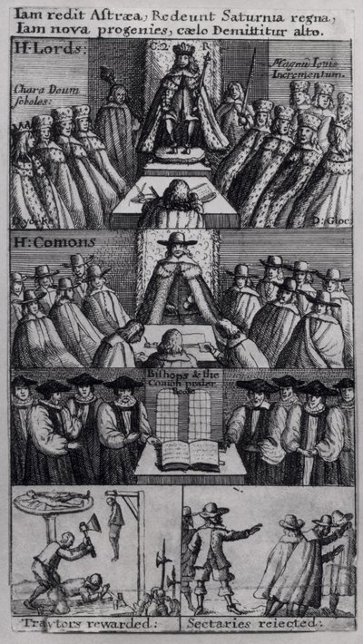 König Karl II. (1630-85) mit den Häusern des Parlaments, 1660 von English School