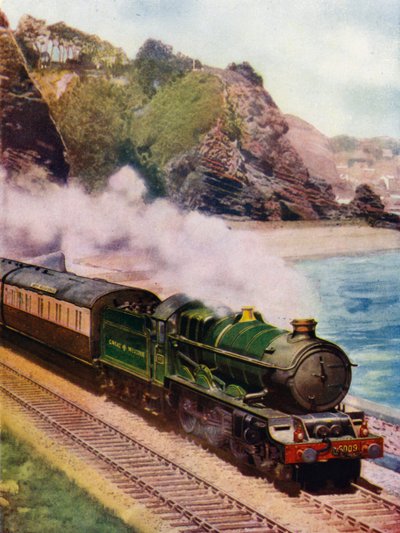 King Charles II, Great Western Railway (GWR) King class 4-6-0 Dampflokomotive, die den Cornish Riviera Express entlang der Küste zwischen Dawlish und Teignmouth, Devon zieht von English School