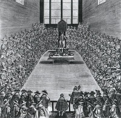 König James I (1566-1625) im Parlament, 1624 von English School