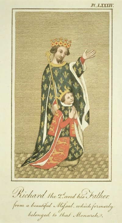König Richard II. (1367-1400) mit seinem Vater Edward (1330-76) dem Schwarzen Prinzen, Illustration aus The Complete View of the Dress and Habits of the People of England Volume II, veröffentlicht 1799 von English School