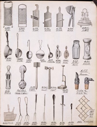 Küchenutensilien, aus einem Handelskatolog für Haushaltswaren und Einrichtungsgegenstände, ca. 1890-1910 von English School