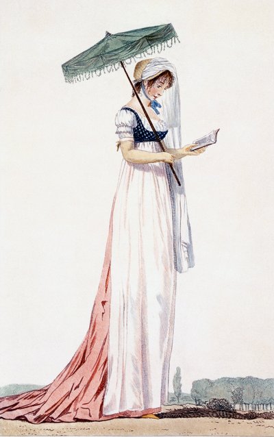 Elegantes Sommerkleid für Damen mit Sonnenschirm, von Delacourt, 1770 (Farbstich) von English School