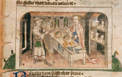 Lady Hagiographie zeigt einem Pilger ihre Sammlung von Salben und Toilettenartikeln, Illustration aus der englischen Übersetzung von 