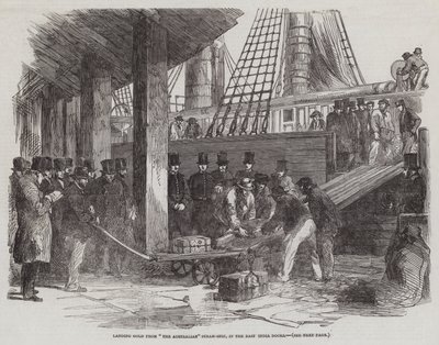 Goldentladung vom Dampfschiff "The Australian" in den East India Docks von English School