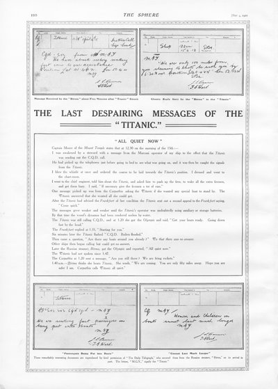 Die letzten Nachrichten der Titanic, aus The Sphere, 04. Mai 1912 von English School