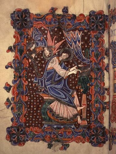 Lat 14782 f.16v St. Matthäus schreibt sein Evangelium, ca. 1080 (Pergament) von English School