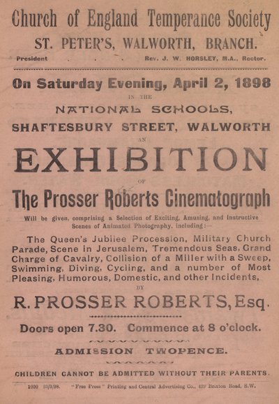 Flugblatt, das eine Ausstellung des Prosser Roberts Kinematographen bewirbt von English School