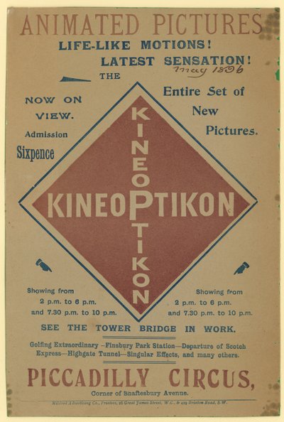 Flugblatt, das den Kineoptikon, Piccadilly Circus bewirbt von English School