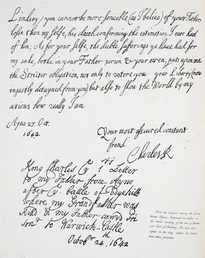 Brief von Charles II. an Montague, Earl of Lindsey, 27. Oktober 1642 von English School