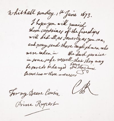 Brief von Charles II. an Prinz Rupert, 1. Juni 1673 von English School