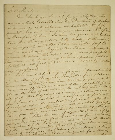 Brief von William Woodfall (1746-1803) an den Schauspieler John Quick (1748-1831) bezüglich der positiven Kritiken von John Henderson im Haymarket von English School
