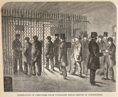 Freilassung von Gefangenen aus dem Coldbath Fields House of Correction, Illustration aus The Criminal Prisons of London and Scenes from Prison Life von Henry Mayhew und John Binny, veröffentlicht 1862 von English School