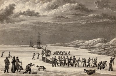Leutnant William Parrys erste Reise: Die Besatzungen der H.M.S. Hecla und H.M.S. Griper schneiden in den Winterhafen, ca. 1819 von English School