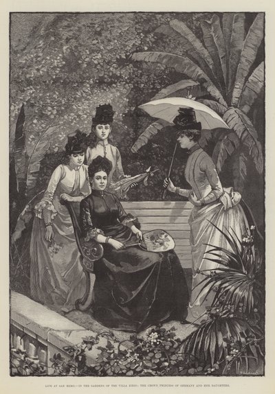 Leben in San Remo, in den Gärten der Villa Zirio, die Kronprinzessin von Deutschland und ihre Töchter (Gravur) von English School