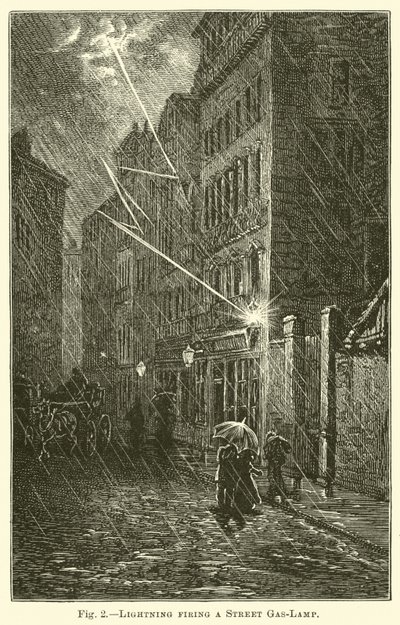 Blitz, der eine Straßenlaterne entzündet von English School