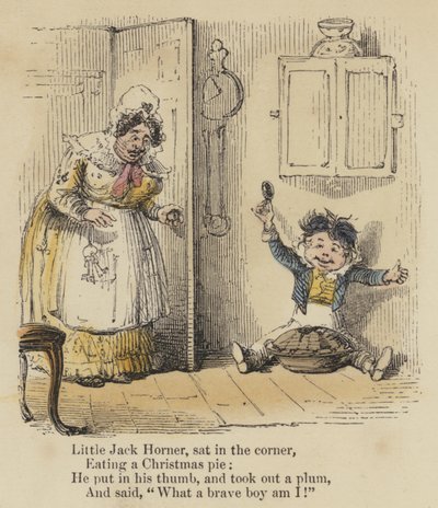 Kleiner Jack Horner, saß in der Ecke, aß einen Weihnachtspudding, er steckte seinen Daumen hinein und zog eine Pflaume heraus und sagte: "Was für ein tapferer Junge bin ich!" von English School