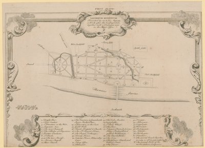 London restauriert, Sir John Evelyns Plan zum Wiederaufbau der Stadt London nach dem Brand von 1666 von English School