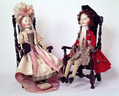 Lord und Lady Clapham, Holzpuppen aus der Zeit von William und Mary, spätes 17. Jahrhundert, um 1680er von English School